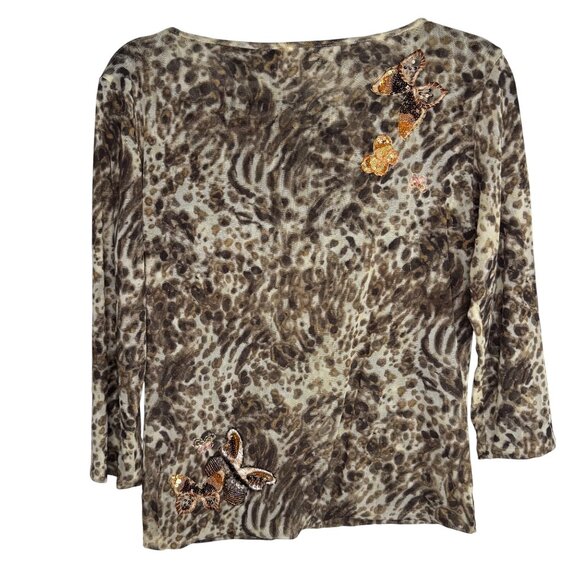 VTG Dana Buchman Brown Leopard Print Top W/ Sequin Butterfly Embellishments Sz S - Picture 7 of 11